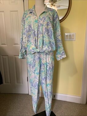 Vintage Tie Top Pastel Beachy Print Pant Suit Cord Set Mint Light Blue Lavender